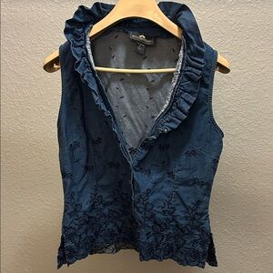 British Khaki Navy Sleeveless Blouse with Ruffle Neckline